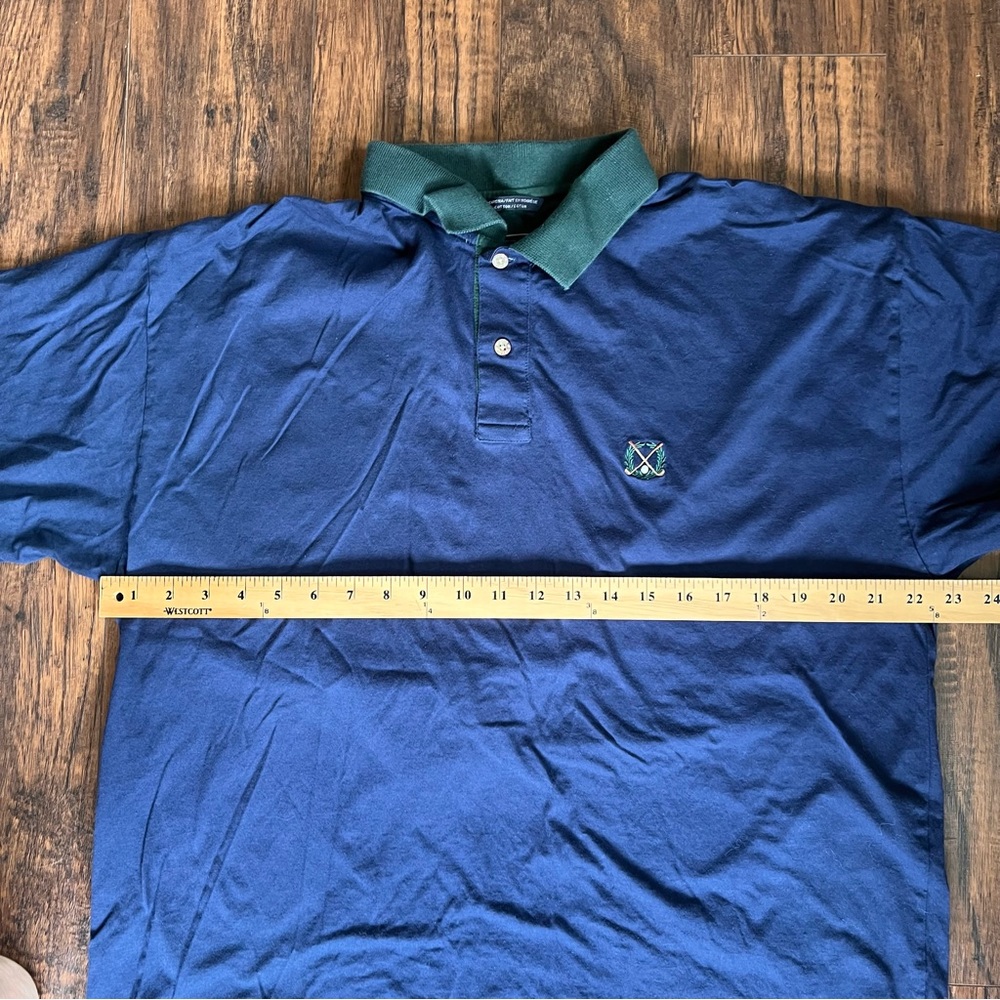 Golf Men’s Polo XXL Shirt Navy Blue Woods & Gray Embroidered Emblem Green Collar - Picture 5 of 6